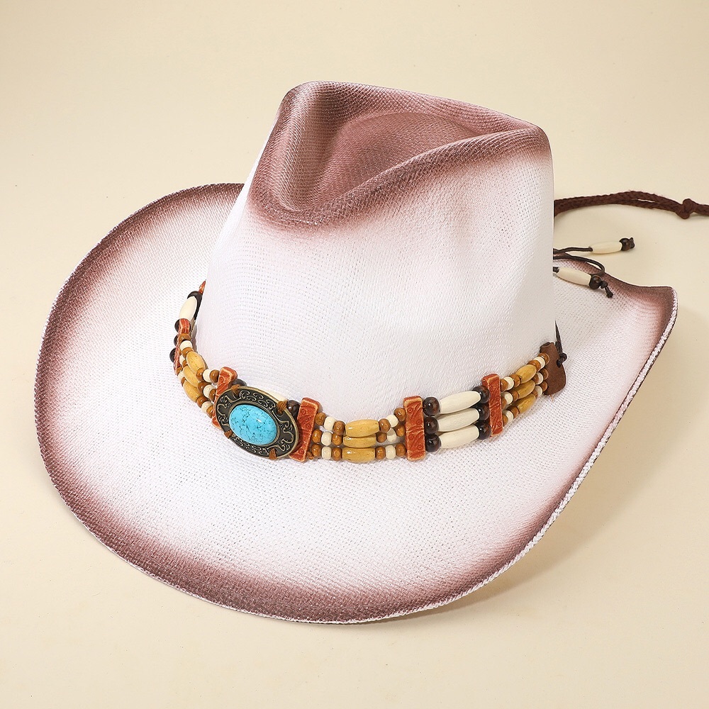 Boho Stone Beaded Band Western Straw Cowboy Fedora Hat